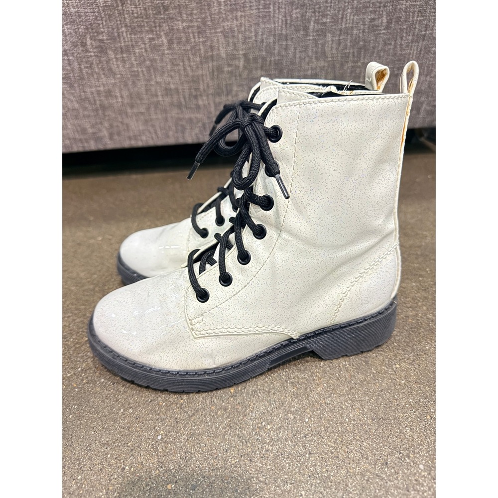 Wonder Nation Kids White Glitter Combat Boots Lace Up Side Zip Size 3 - Picture 3 of 6